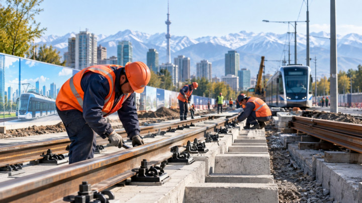 Алматыда LRT желісінің алғашқы рельстері төселіп жатыр